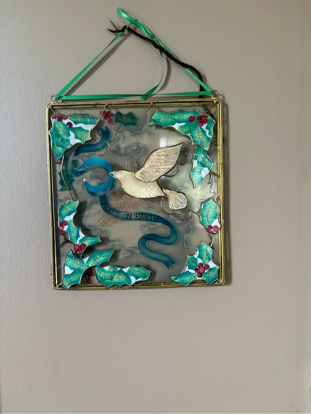 Vintage Peace on Earth Dove Stained Glass window Plaque - Green & Blue